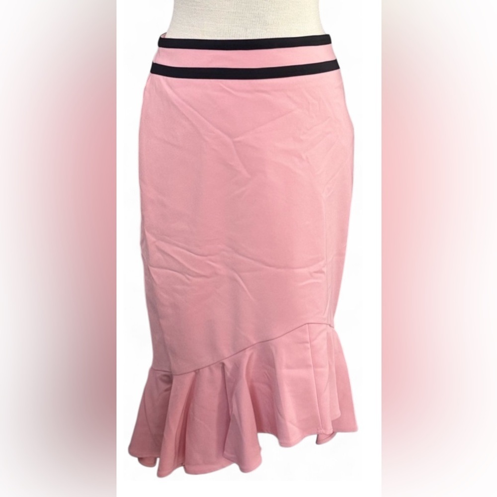 New York & Company Women’s 14 Pink Black Ruffle Hem Pencil Skirt Flounce